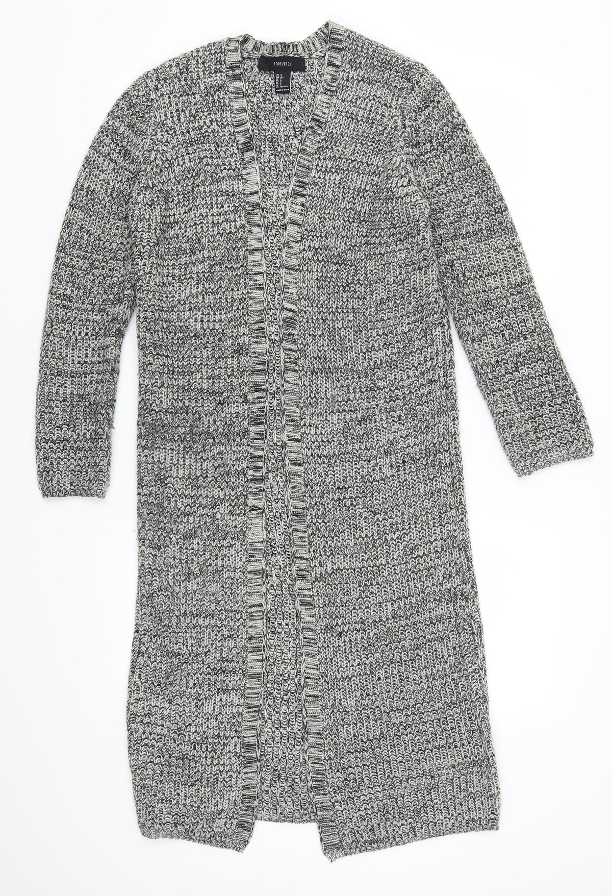 Front view of Forever 21 women’s grey cardigan jumper, size S