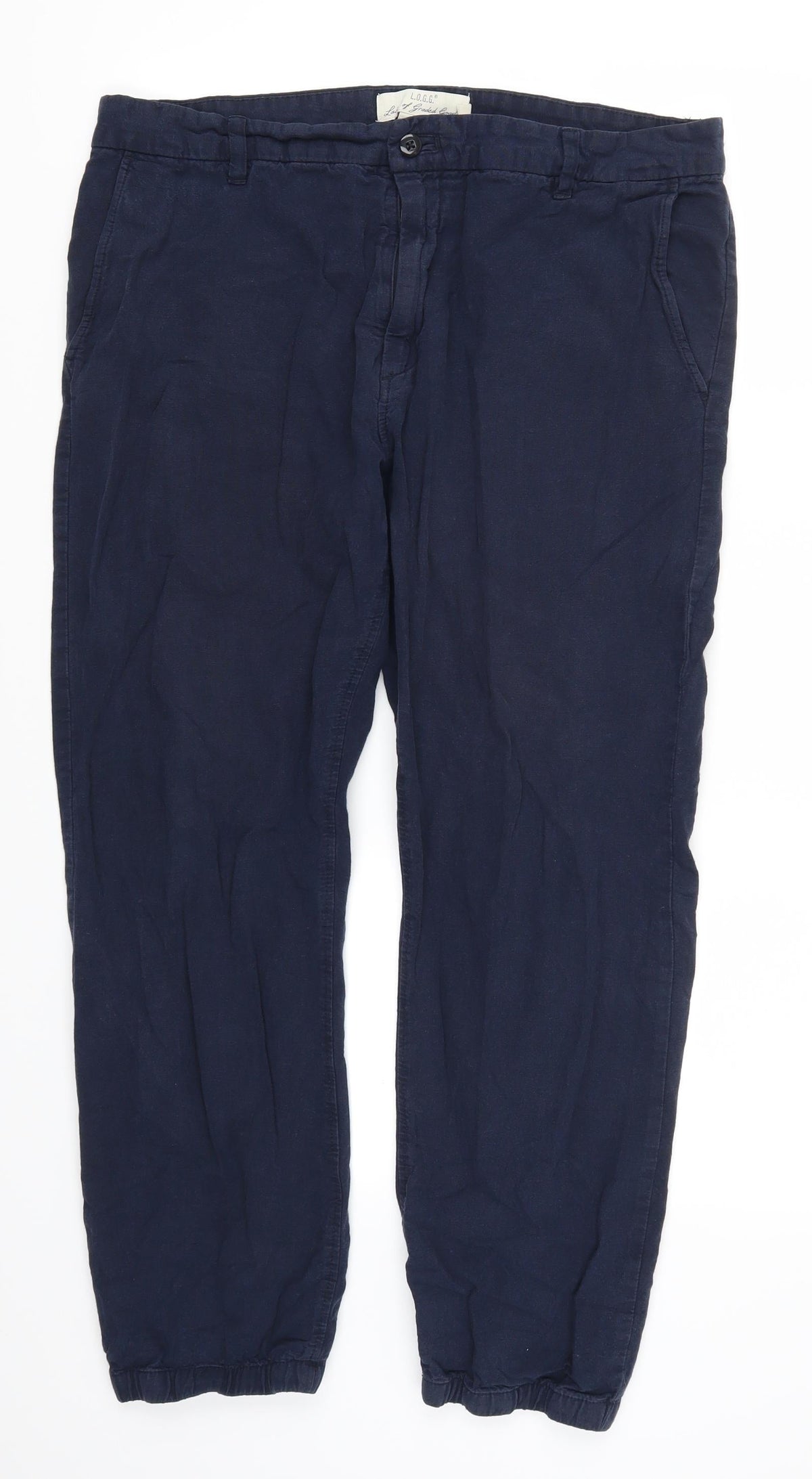 Front view of H&M women’s blue trousers, size UK 8, 27-inch leg