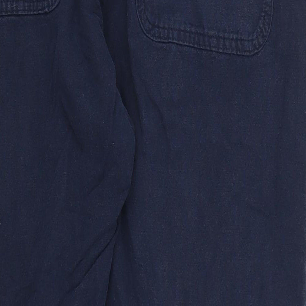 Brand and care label for H&M women’s blue trousers, size UK 8, 27-inch leg