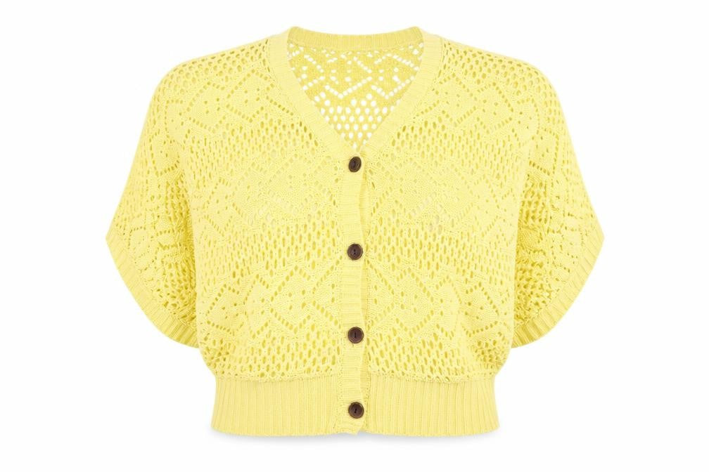 Front view of Tsega women’s yellow cardigan jumper, size L