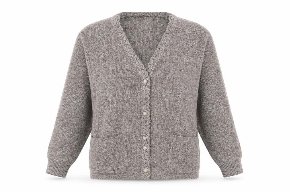 Front view of Merry Gold women’s beige knit cardigan jumper, size S