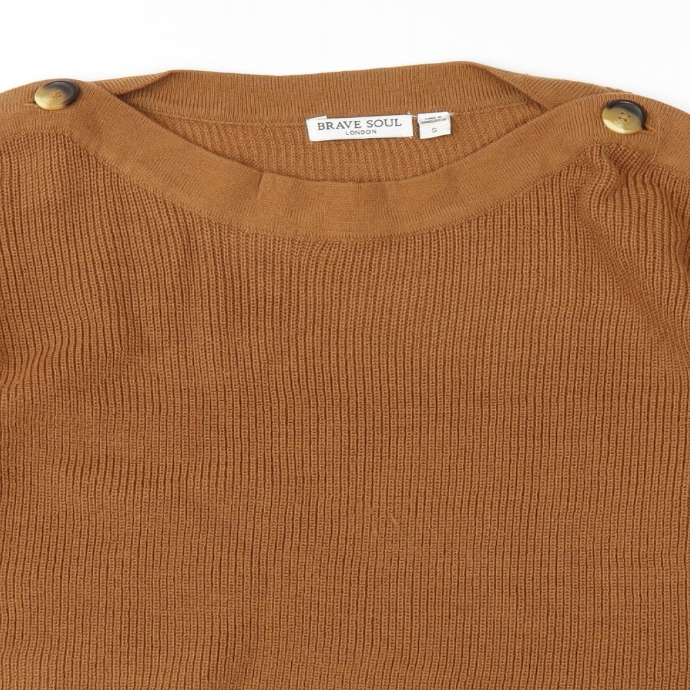 Close-up detail of Brave Soul women’s brown knit jumper, size S