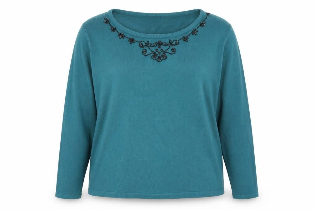 Front view of Bonmarché women’s blue knit jumper, size XL