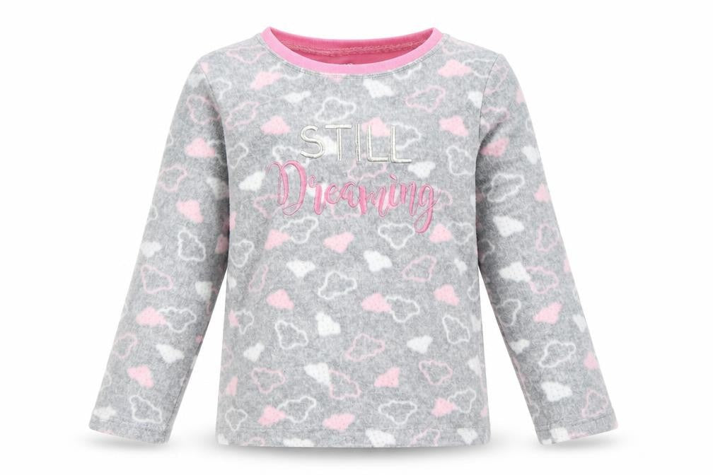 Front view of Young Dimension girls’ grey geometric fleece top pyjama top, size 7-8, years - still dreaming