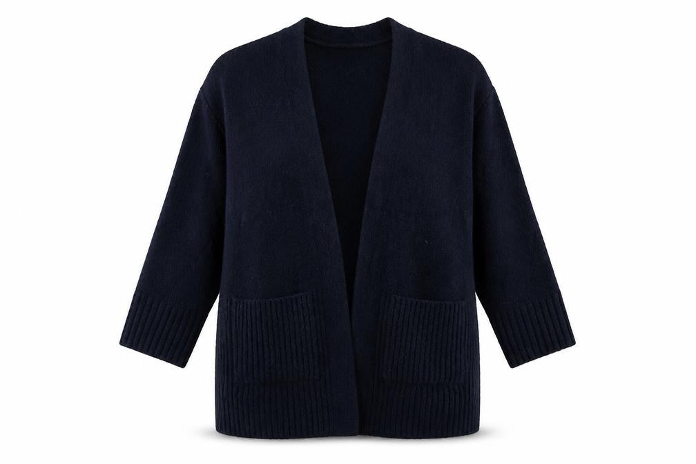 Front view of Marks & Spencer women’s blue knit cardigan jumper, size M