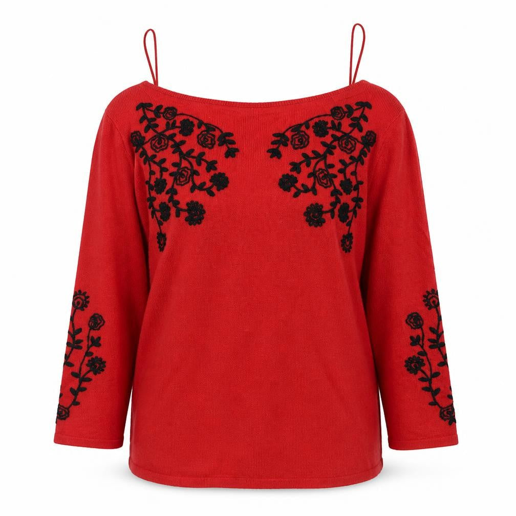 Front view of Bonmarché women’s red floral knit jumper, size UK 8