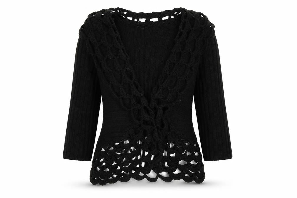 Front view of Casamia women’s black striped knit cardigan jumper, size S
