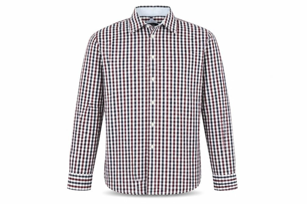 Front view of MCNEAL men’s blue check button-up, size L