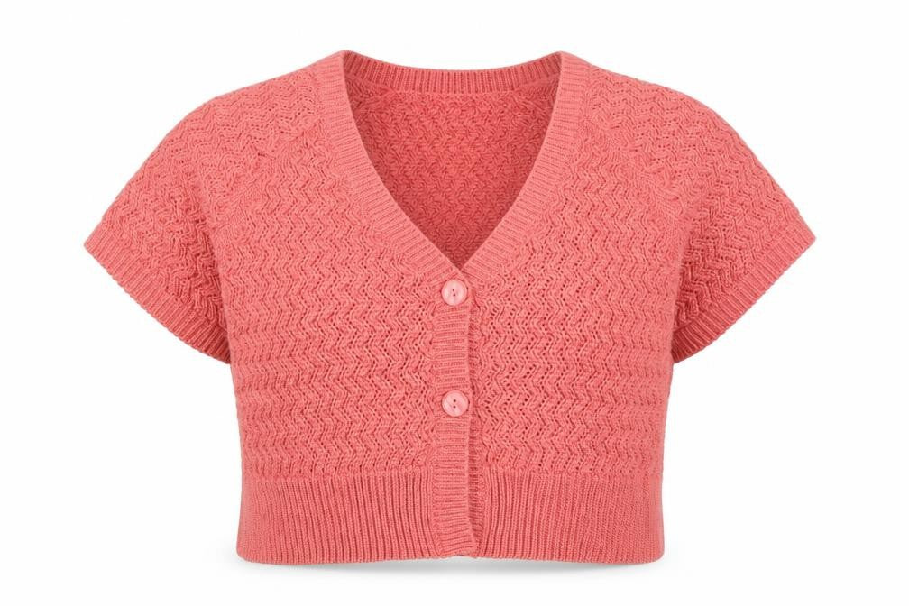 Front view of Bonmarché women’s pink geometric cardigan jumper, size UK 14