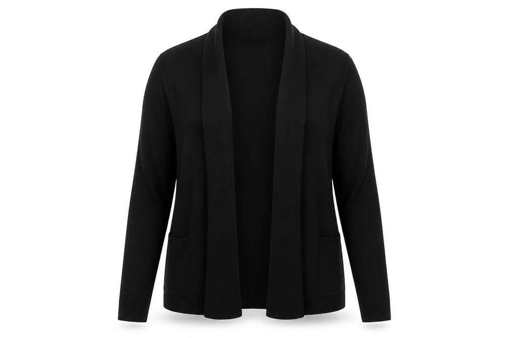 Front view of BHS women’s black cape jumper, size UK 14