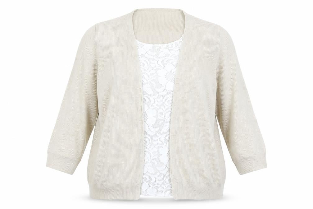 Front view of Marks & Spencer women’s beige lace cardigan jumper, size UK 14, - cardigan and top all in one