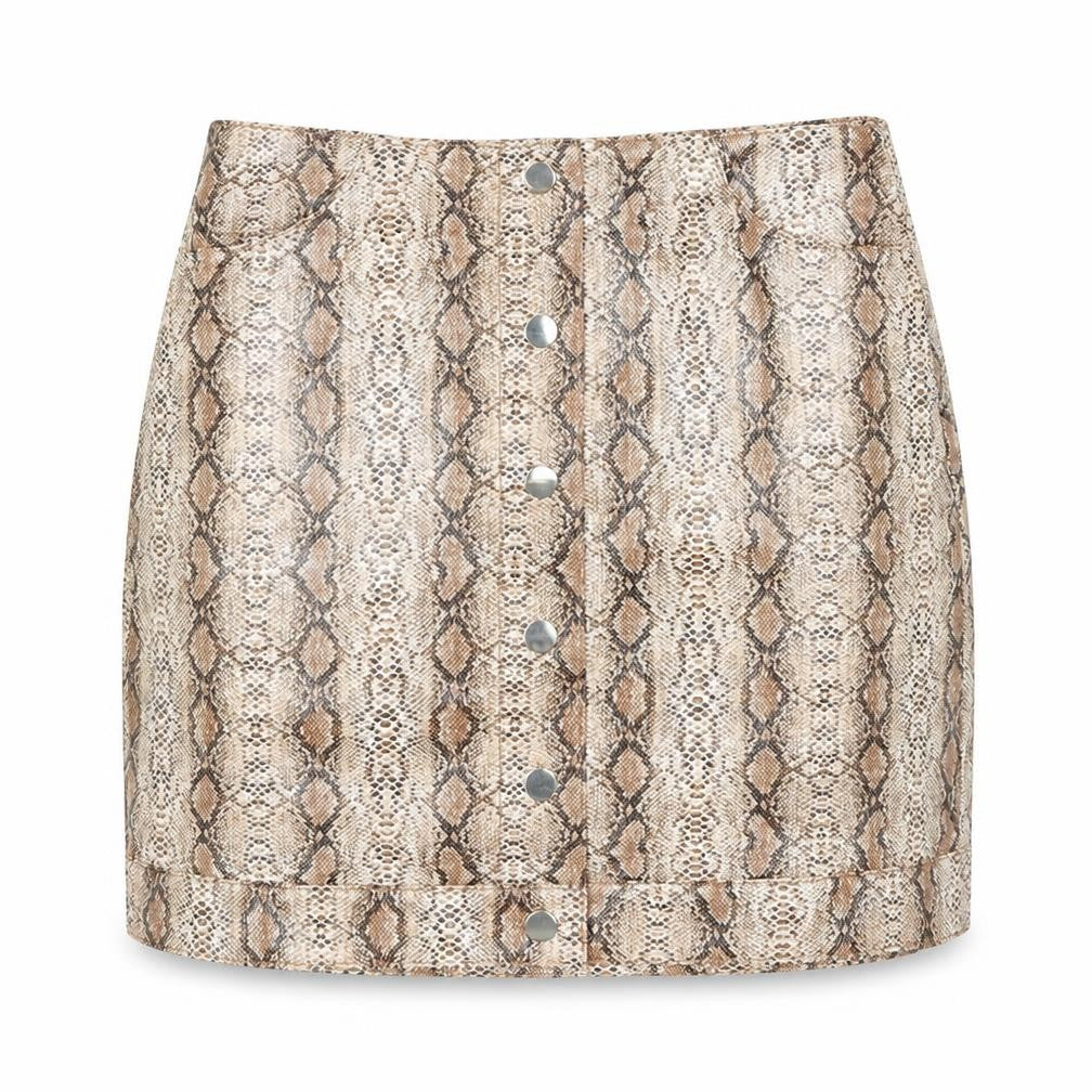 Front view of Topshop women’s red animal print mini skirt, size UK 6