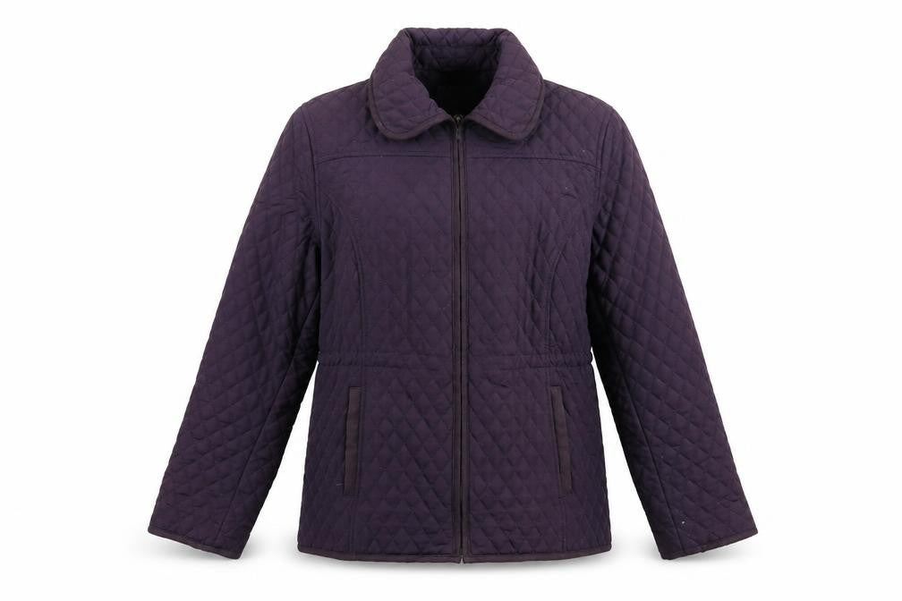 Front view of Country Casuals women’s purple jacket coat, size UK 10