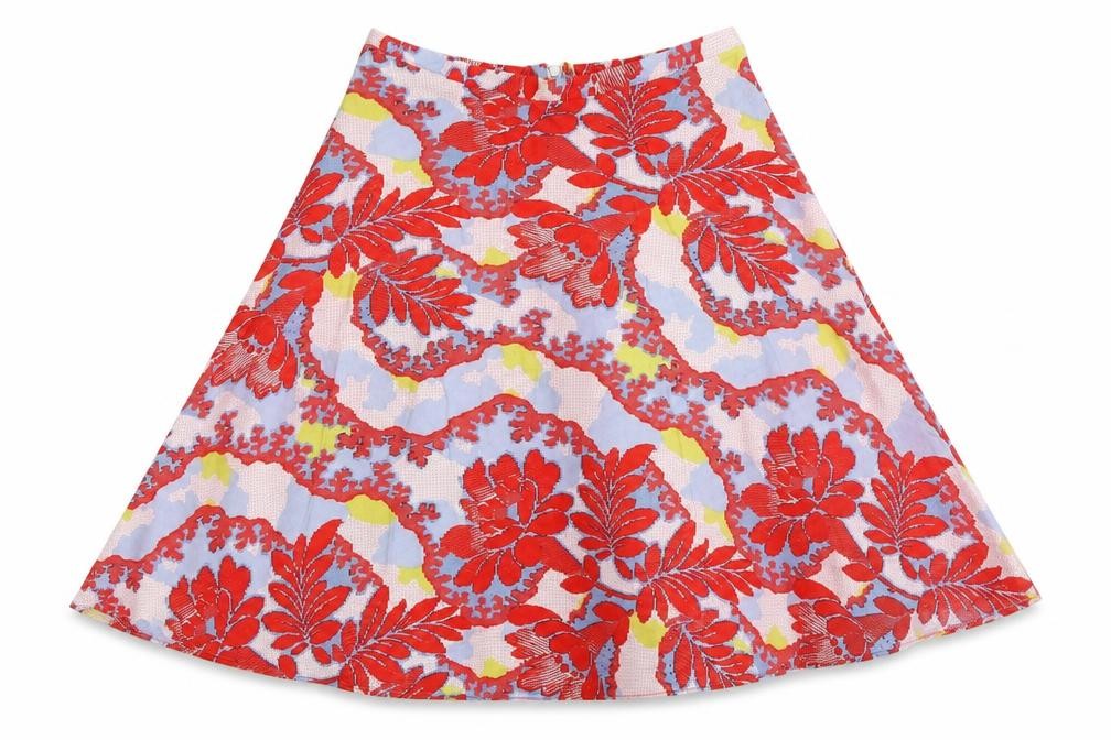 Front view of Topshop women’s red floral flare skirt, size UK 10