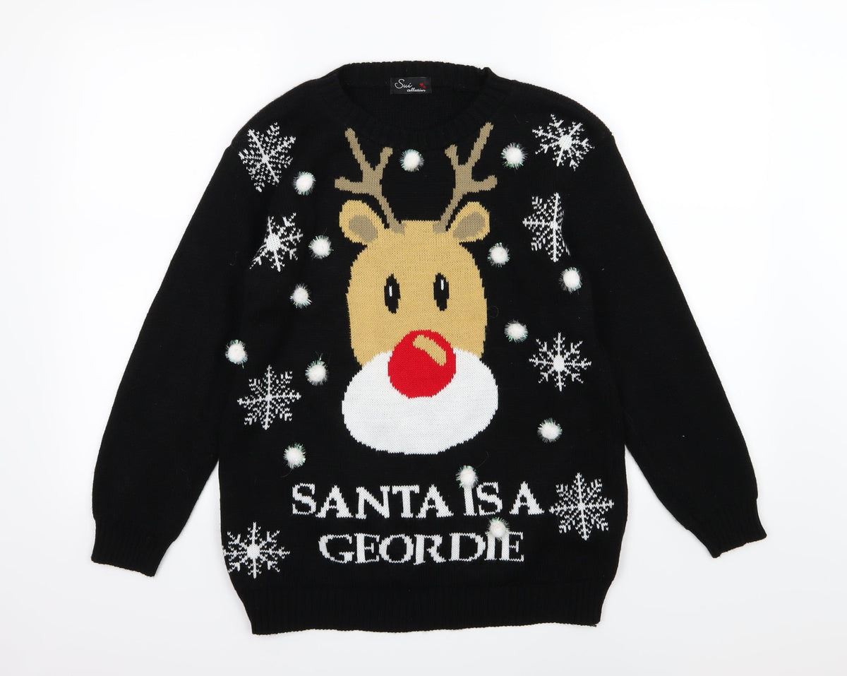 Additional front view of Sui collection women’s black knit jumper, size S, - christmas