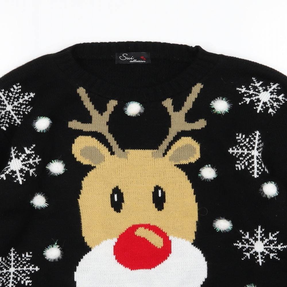 Close-up detail of Sui collection women’s black knit jumper, size S, - christmas