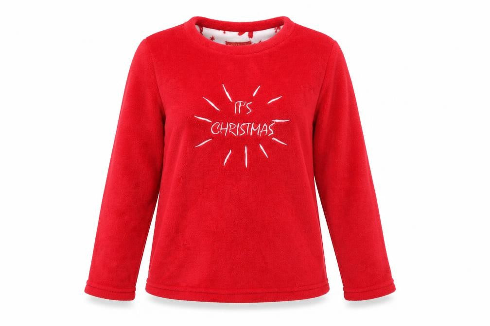 Front view of B&M women’s red solid microfibre top pyjama top, size S, - it's christmas