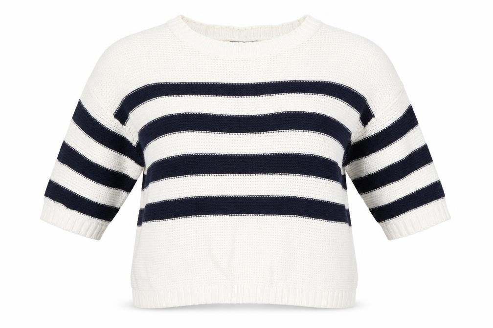 Front view of Lottie Loves women’s beige striped knit jumper, size UK 8