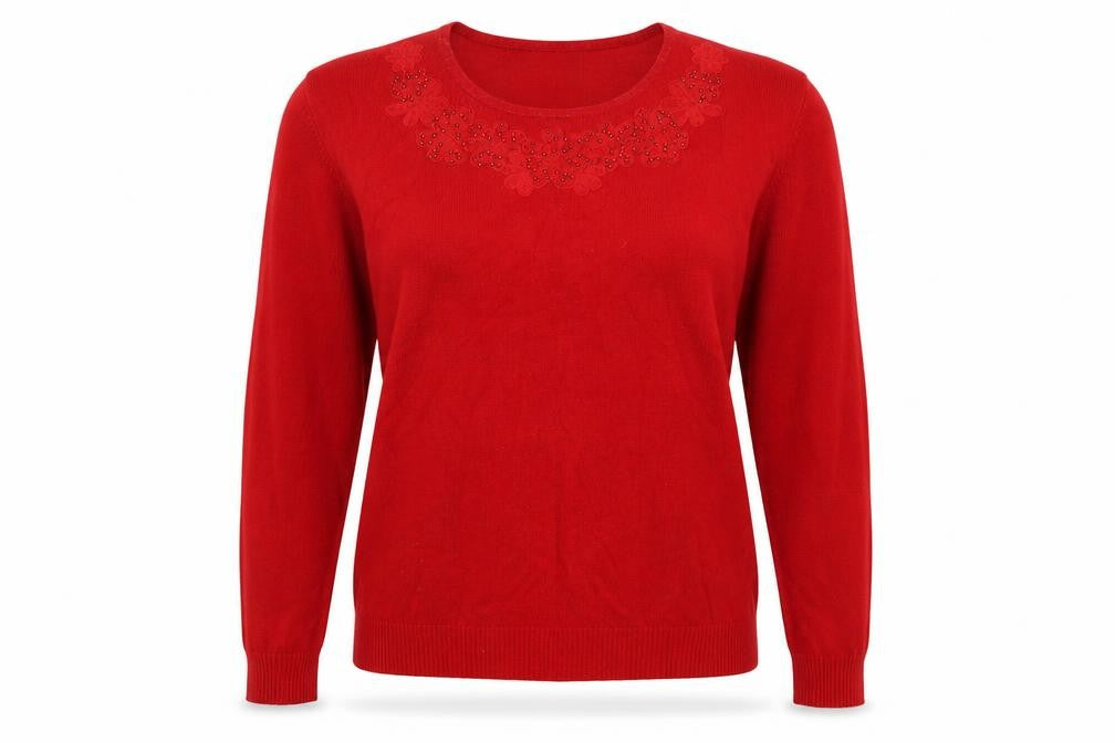 Front view of Just Elegance women’s red knit jumper, size L