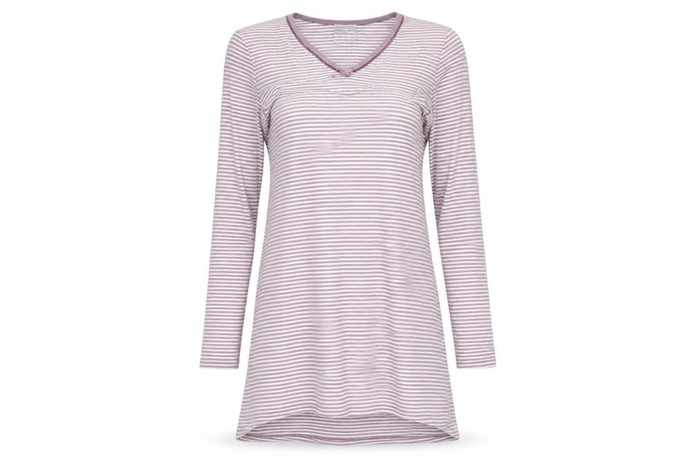 Front view of LE CHAT women’s purple striped top pyjama top, size UK 8