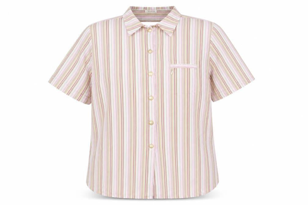 Front view of Hucke Women women’s pink striped basic button-up, size UK 18