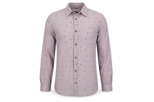 Front view of River Island men’s purple animal print button-up, size S