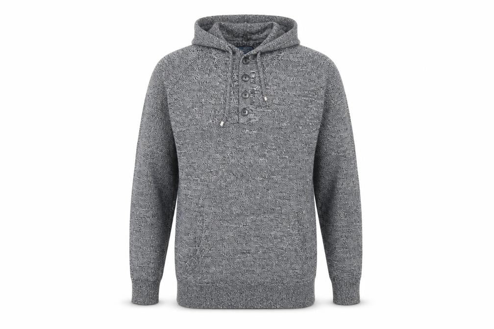 Front view of Cambridge men’s grey pullover hoodie, size M