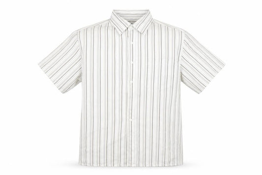 Front view of Cedarwood State men’s white striped button-up, size M