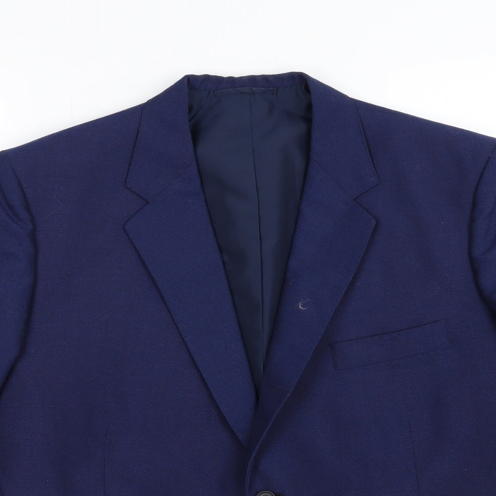 Close-up detail of Preworn men’s blue rayon jacket suit jacket, size 36