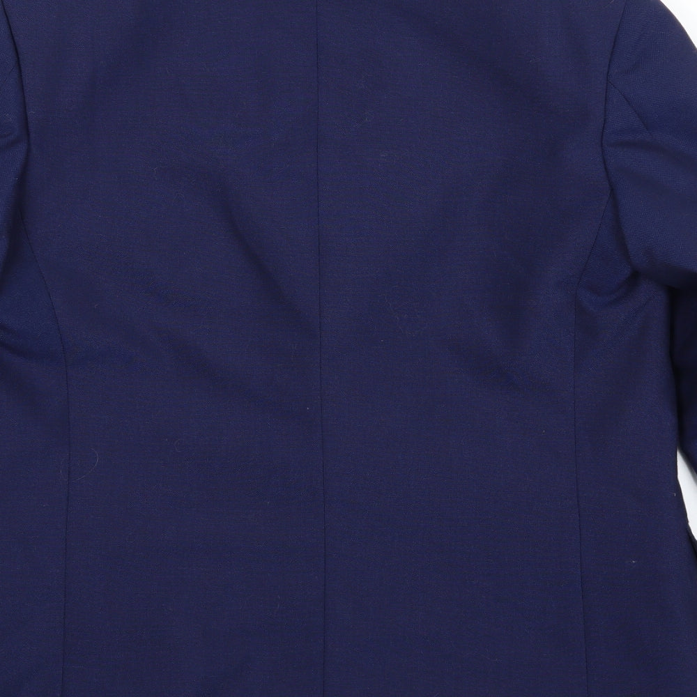 Brand and care label for Preworn men’s blue rayon jacket suit jacket, size 36