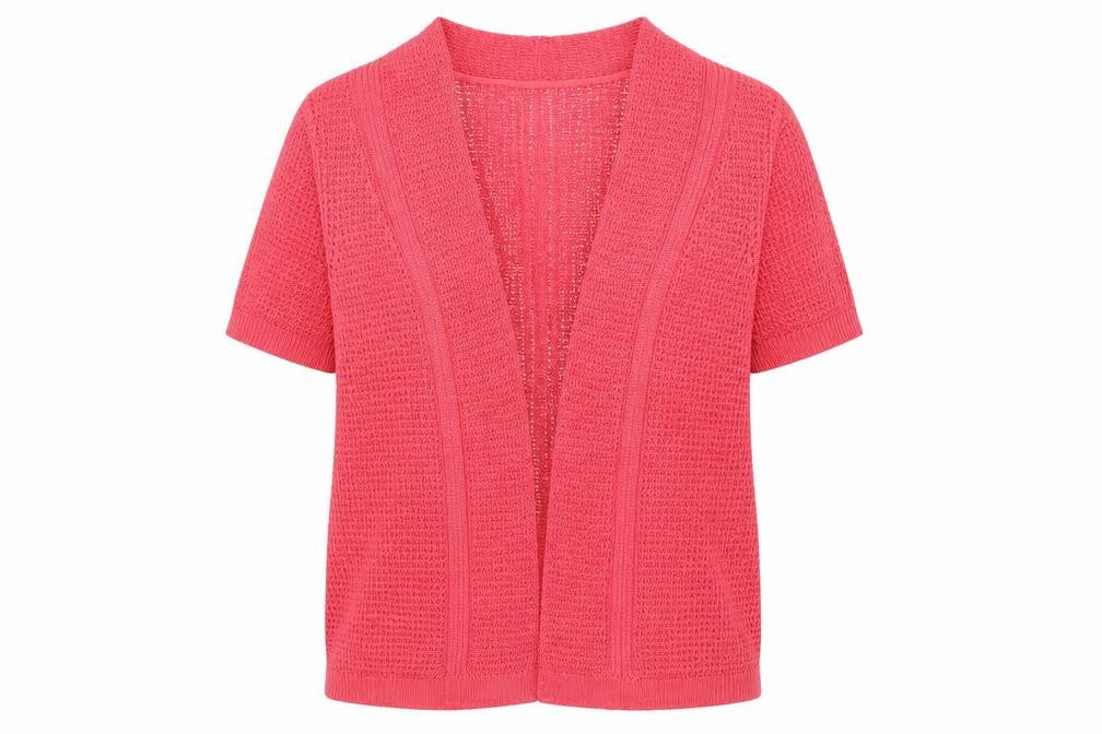 Front view of Country Casuals women’s pink knit cardigan jumper, size S