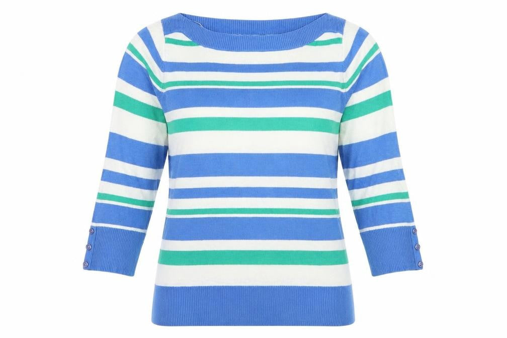 Front view of BHS women’s blue striped knit jumper, size UK 8