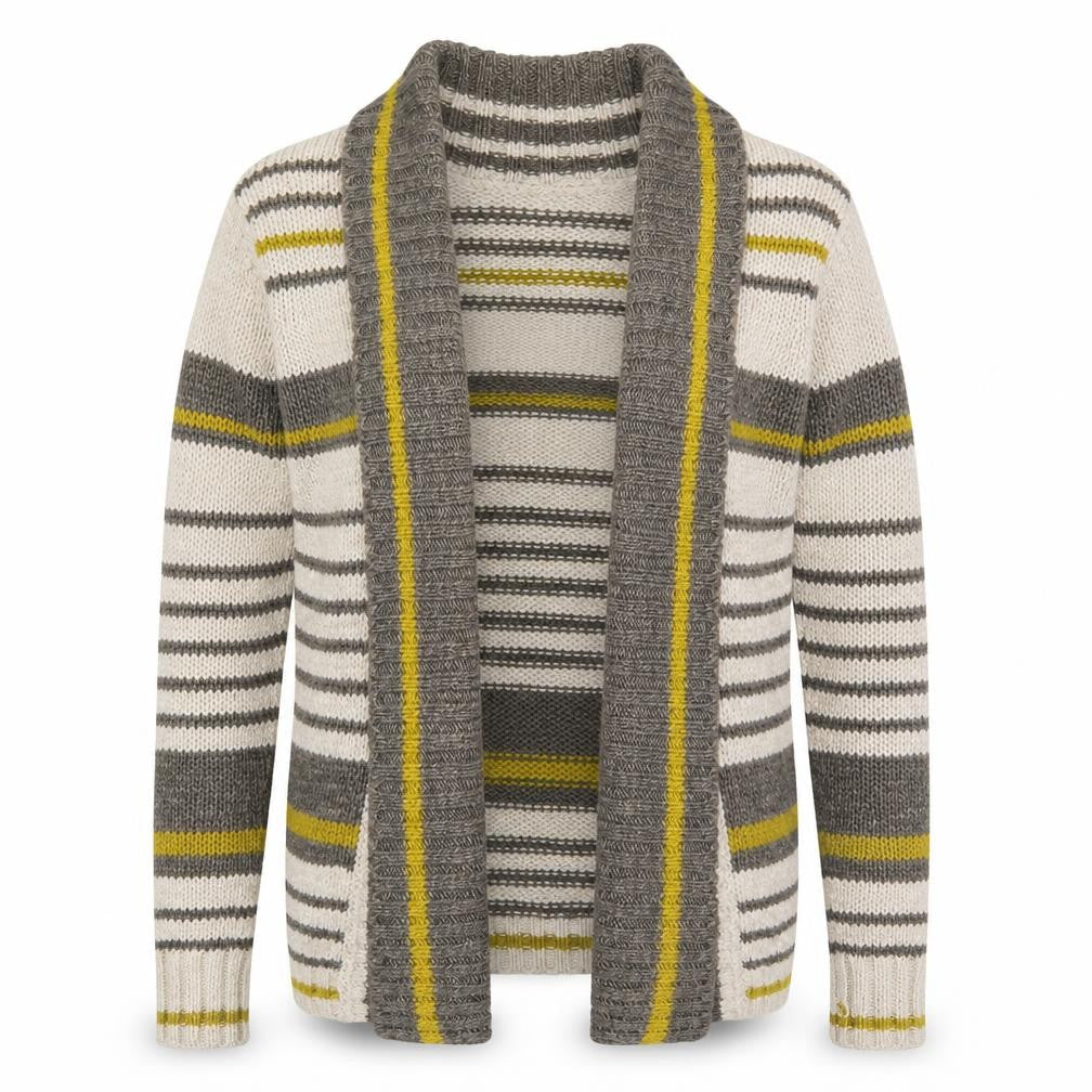 Front view of I Blues Club women’s beige striped cardigan jumper, size S, - yellow
