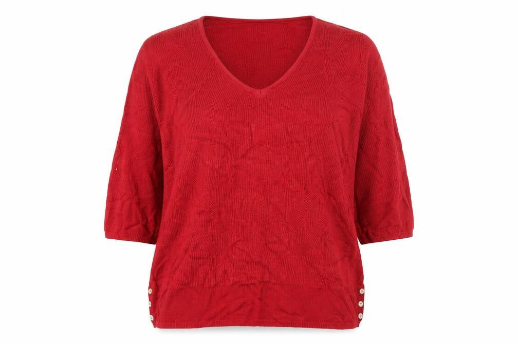 Front view of Per Una women’s red knit jumper, size UK 14