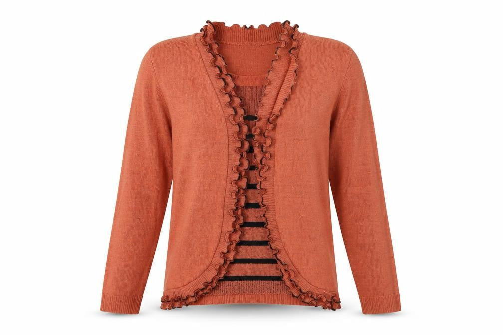 Front view of Keeno women’s pink striped knit cardigan jumper, size M