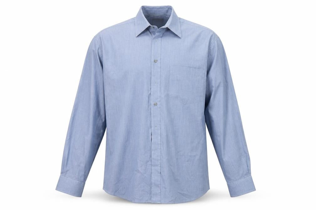 Front view of Burton men’s blue button-up, size 15.5