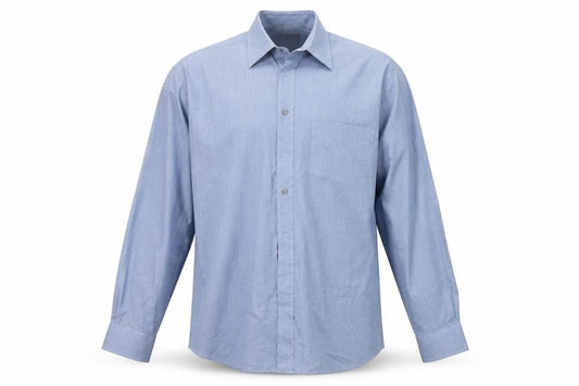 Front view of Burton men’s blue button-up, size 15.5