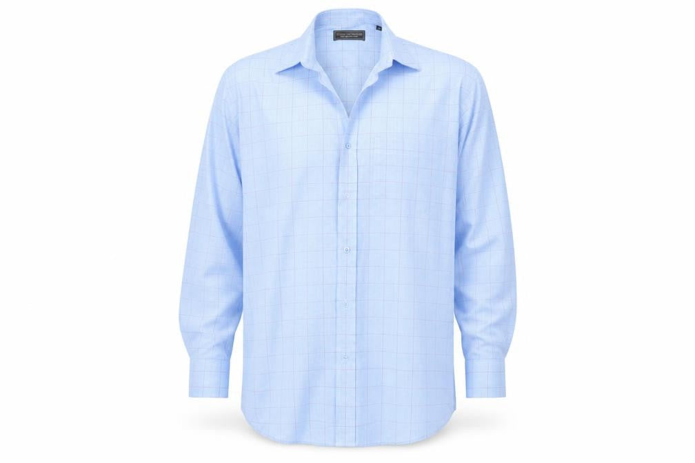 Front view of Greenwoods men’s blue button-up, size 15