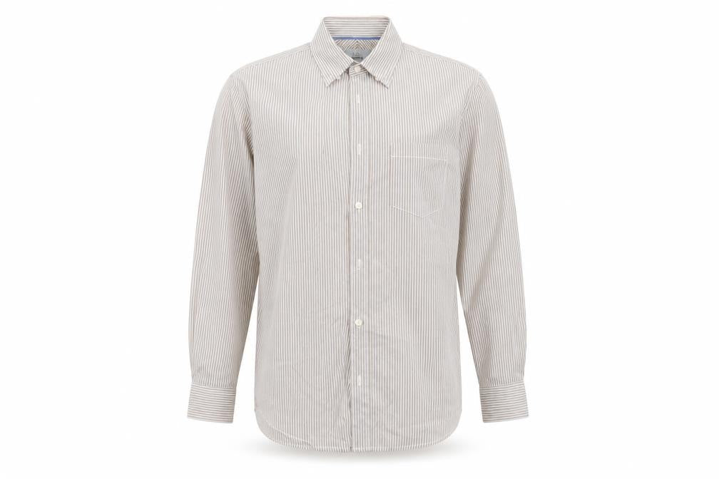 Front view of Marks & Spencer men’s white striped button-up, size M