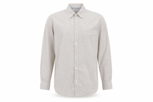 Front view of Marks & Spencer men’s white striped button-up, size M