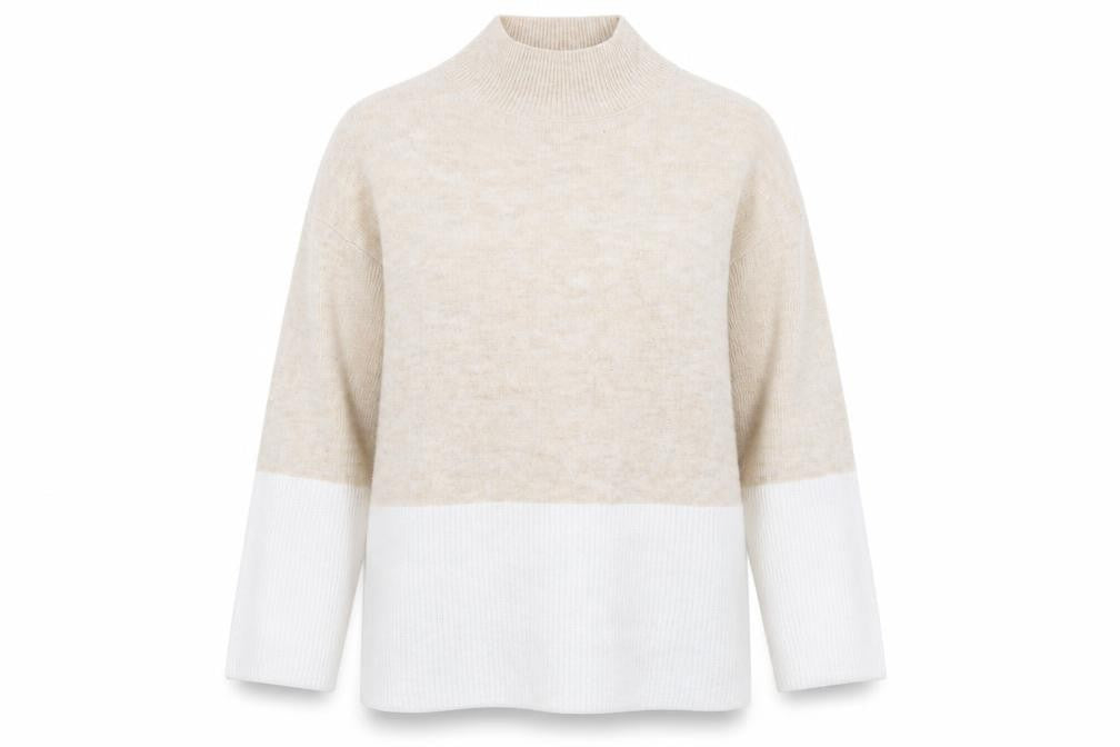 Front view of Love Knitwear women’s beige jumper, size UK 12