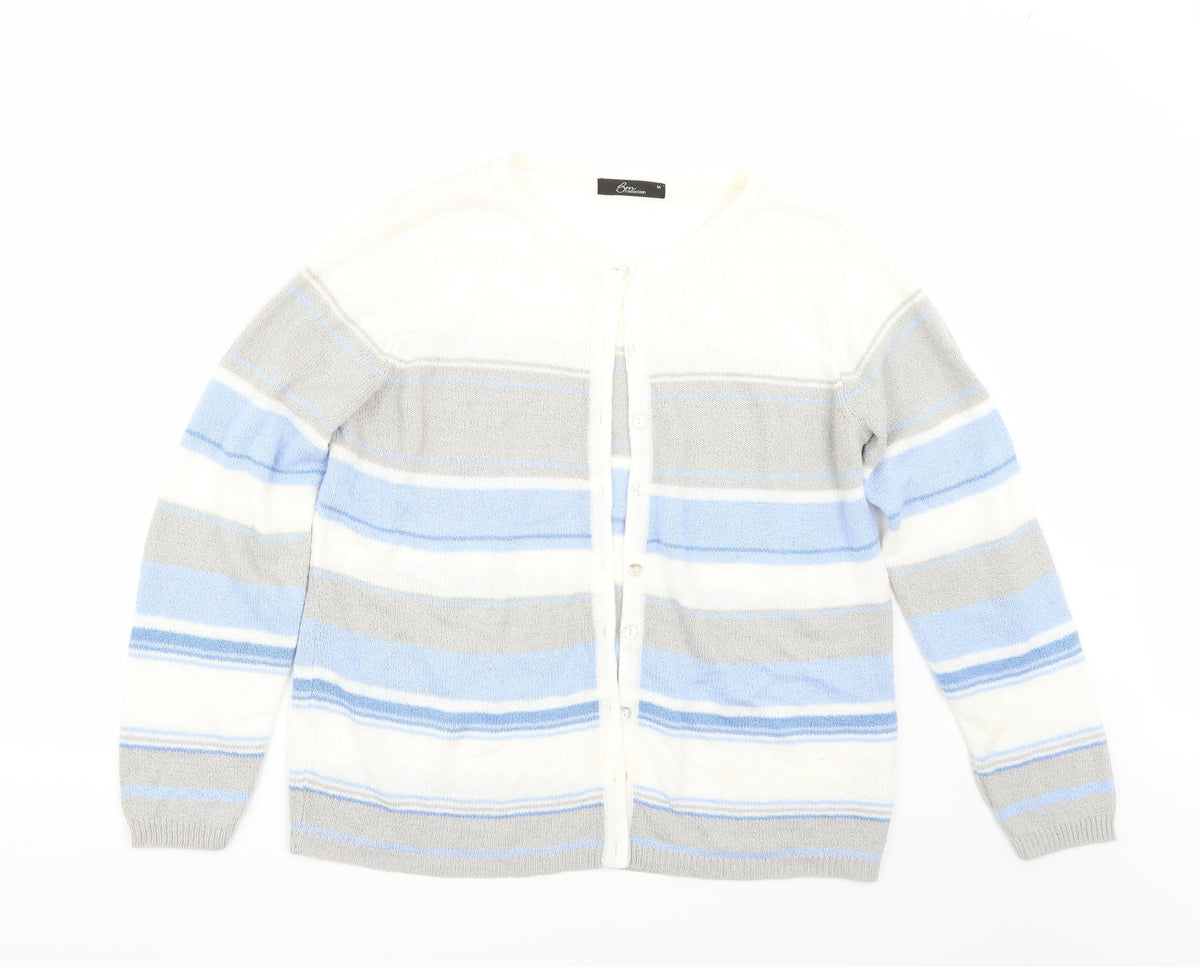 Front view of Bonmarché women’s white striped cardigan jumper, size M