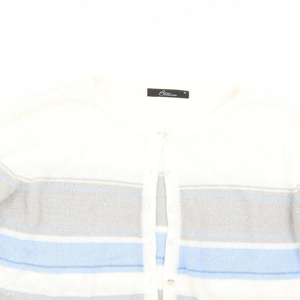 Close-up detail of Bonmarché women’s white striped cardigan jumper, size M