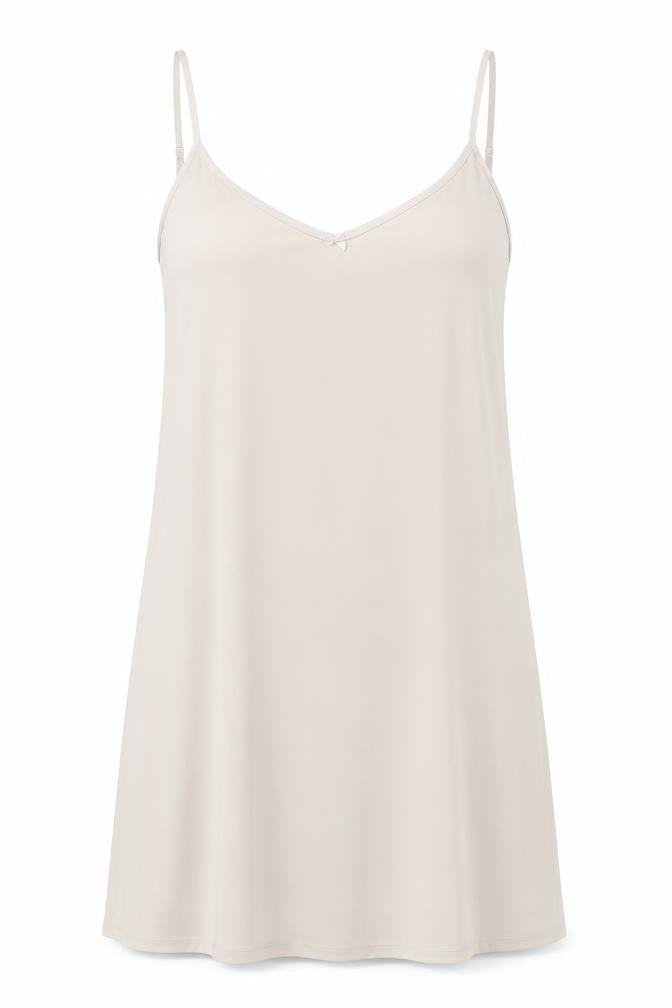 Front view of Marks & Spencer women’s beige solid chemise one piece, size UK 10