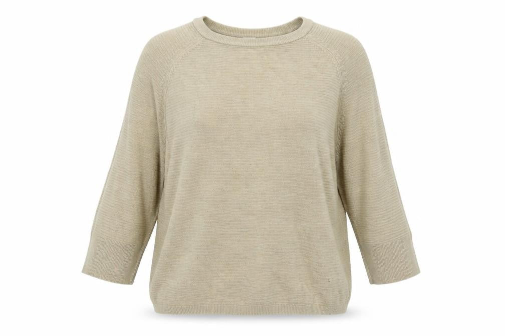 Front view of Jaqueline deYong women’s beige striped jumper, size UK 6