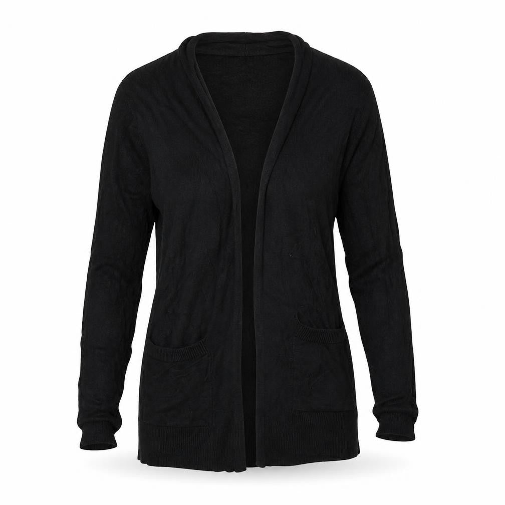 Front view of ASOS women’s black cardigan jumper, size UK 12