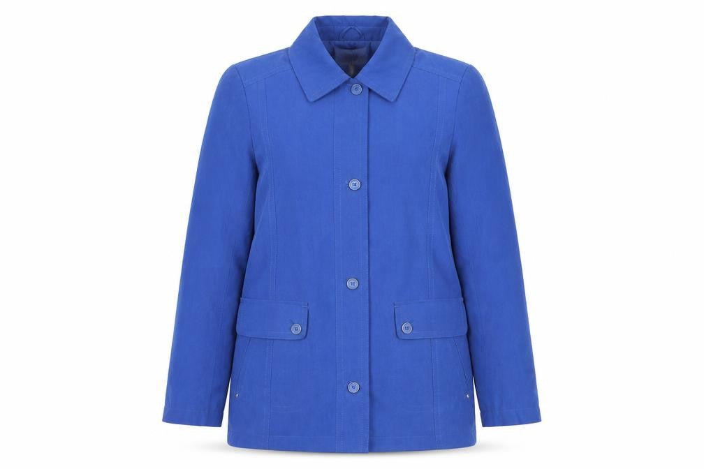 Front view of EWM women’s blue overcoat coat, size UK 10