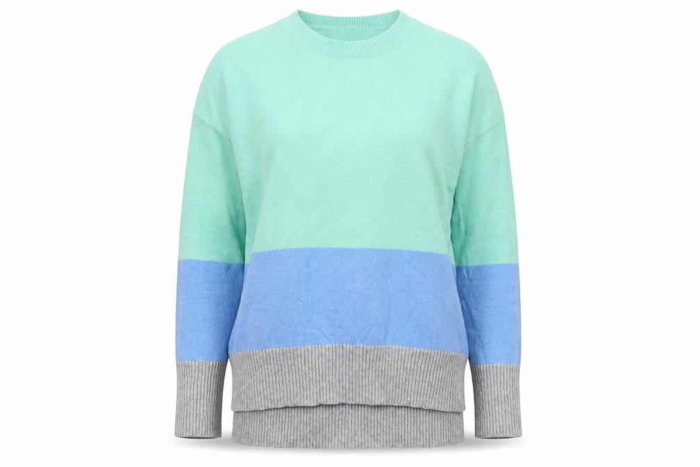 Front view of Oasis women’s blue striped jumper, size XS