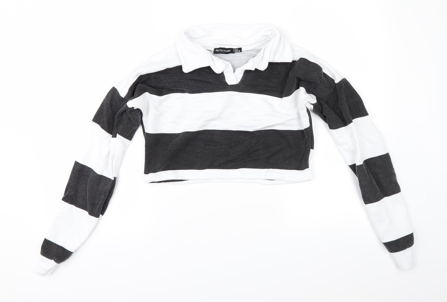 PRETTYLITTLETHING Womens White Striped  Pullover Sweatshirt Size 8  - cropped