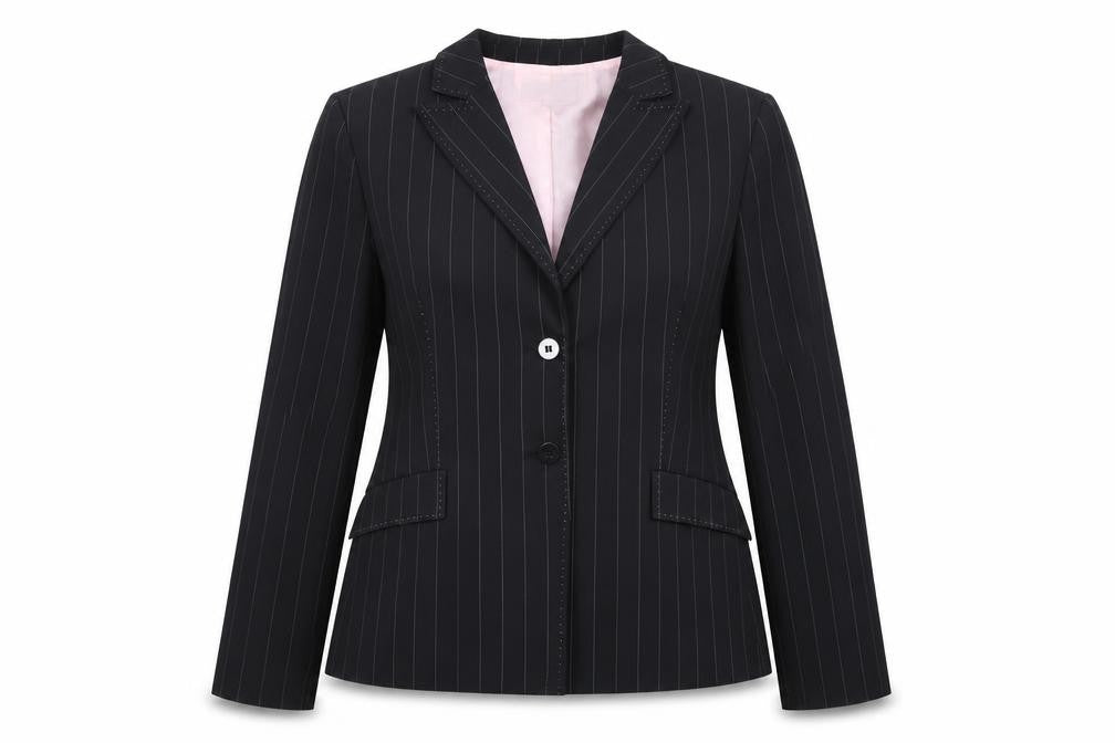 Front view of Marks & Spencer women’s black striped jacket suit jacket, size UK 12